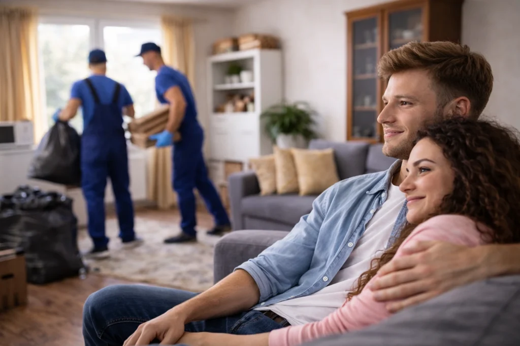 Entrümpelung Wohnung während Bewohner entspannt auf Sofa sitzen