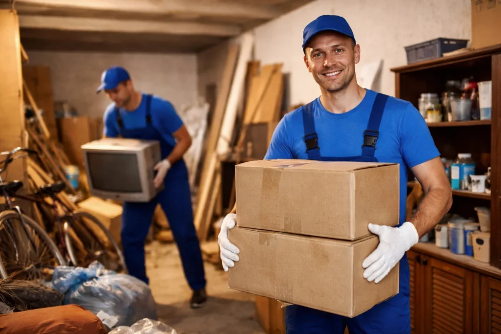 Entrümpelung Mitarbeiter tragen Kartons und räumen Keller aus