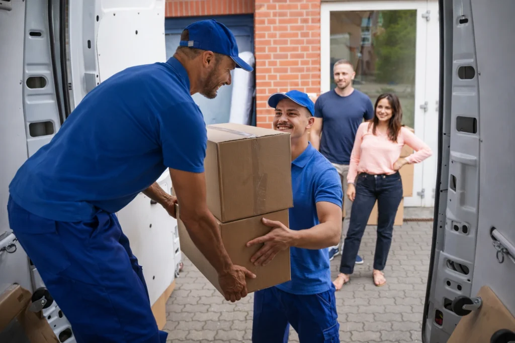 Umzugsunternehmen Mitarbeiter tragen Kartons aus Transporter bei Umzug